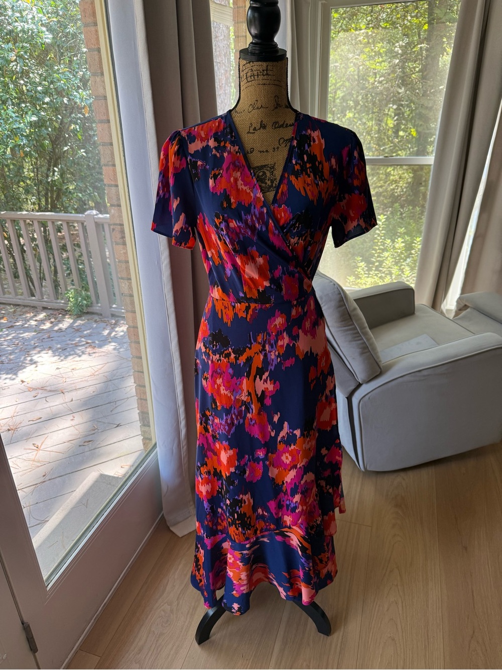 Navy Floral Wrap Midi Dress with Pink & Orange Print